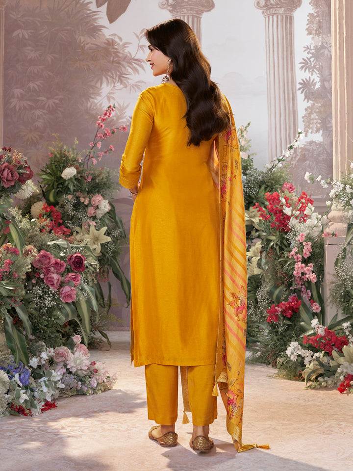 Yellow Dola Silk Kurta Set with Jacquard Detailing and Intricate Embroidery, Paired with a Cherry Silk Dupatta