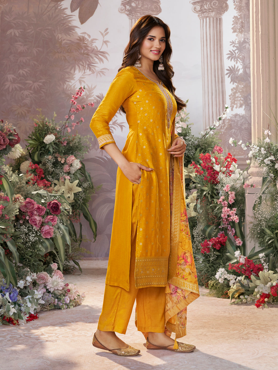 Yellow Dola Silk Kurta Set with Jacquard Detailing and Intricate Embroidery, Paired with a Cherry Silk Dupatta