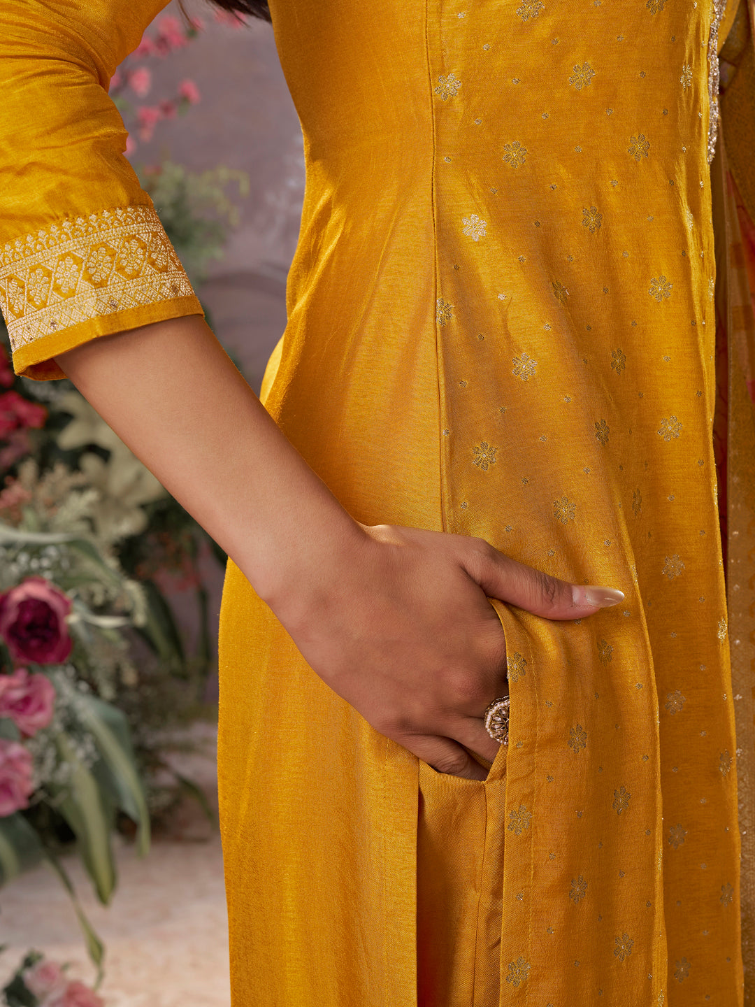 Yellow Dola Silk Kurta Set with Jacquard Detailing and Intricate Embroidery, Paired with a Cherry Silk Dupatta