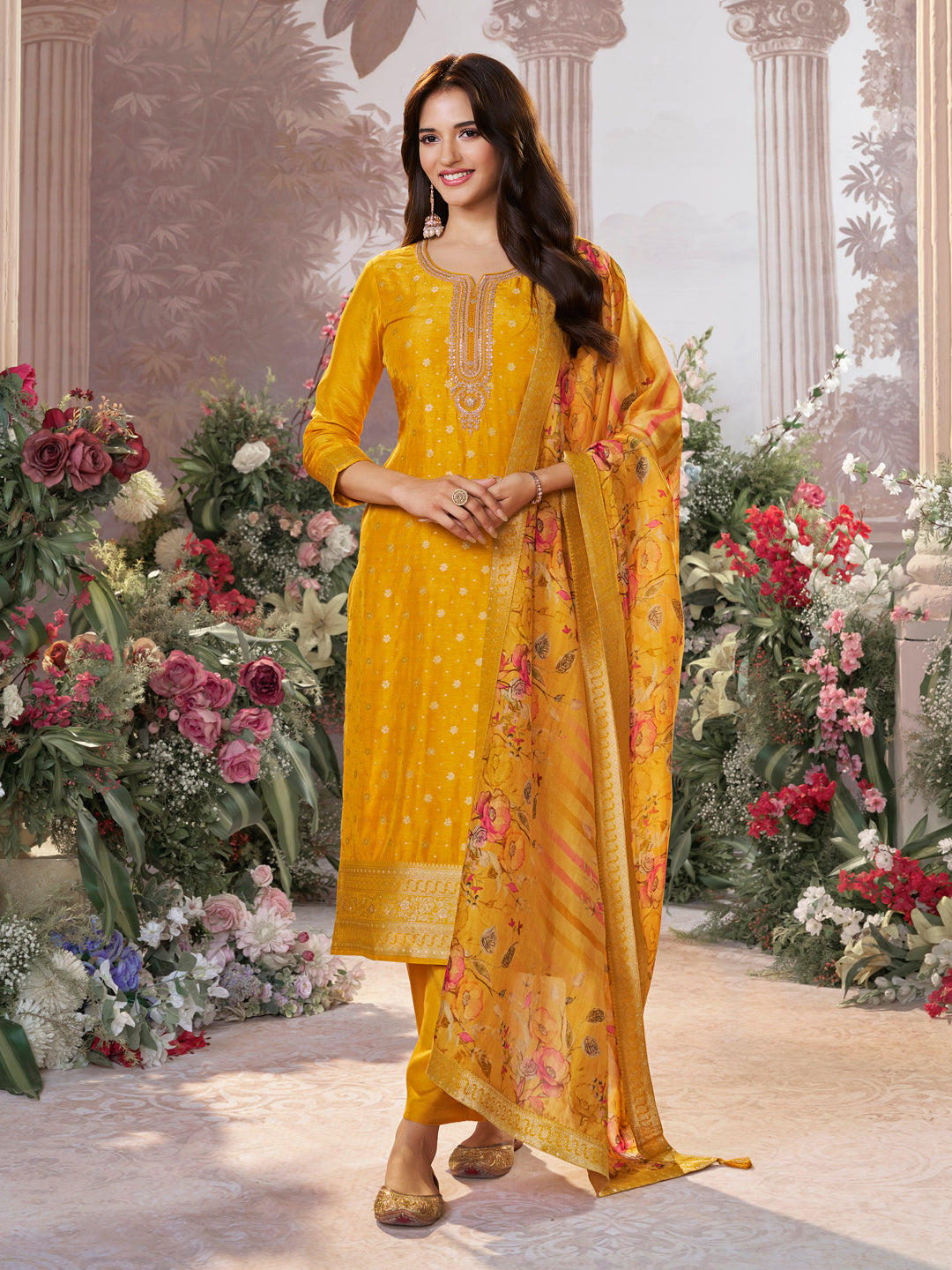 Yellow Dola Silk Kurta Set with Jacquard Detailing and Intricate Embroidery, Paired with a Cherry Silk Dupatta