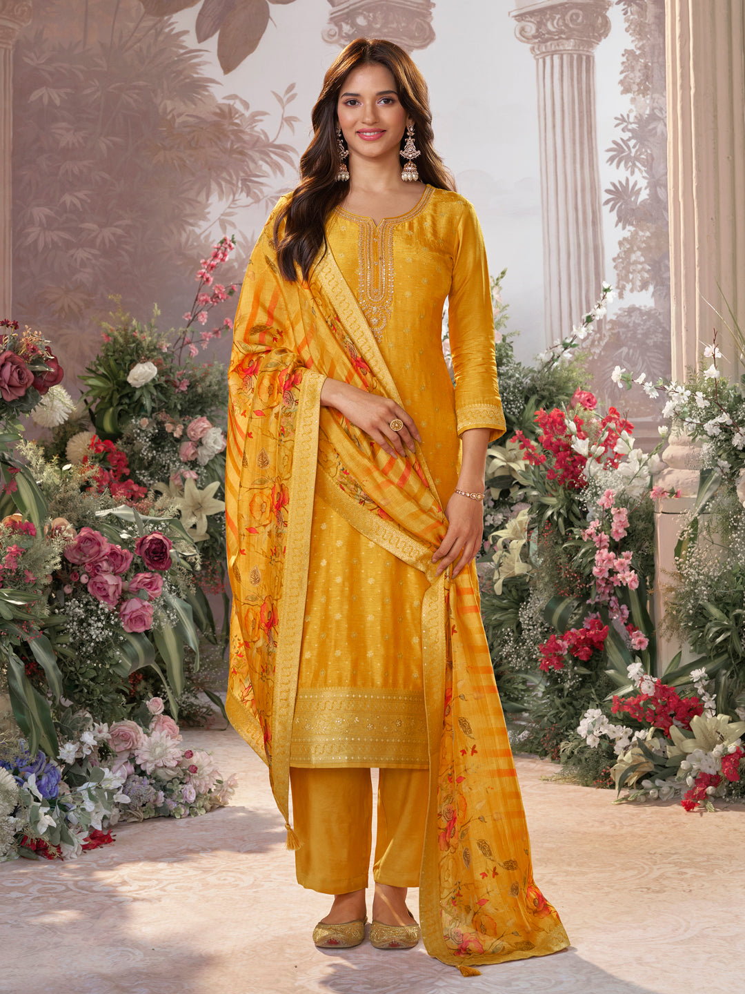 Yellow Dola Silk Kurta Set with Jacquard Detailing and Intricate Embroidery, Paired with a Cherry Silk Dupatta