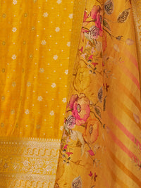 Yellow Dola Silk Kurta Set with Jacquard Detailing and Intricate Embroidery, Paired with a Cherry Silk Dupatta