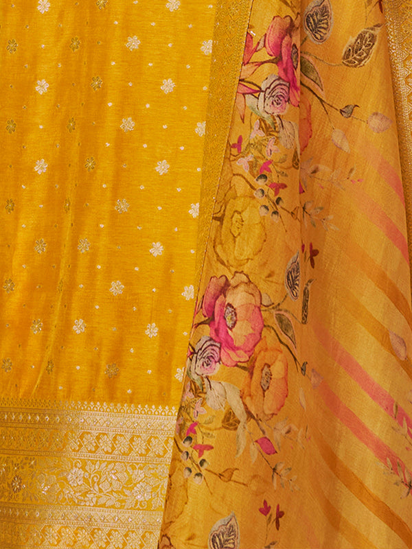 Yellow Dola Silk Kurta Set with Jacquard Detailing and Intricate Embroidery, Paired with a Cherry Silk Dupatta