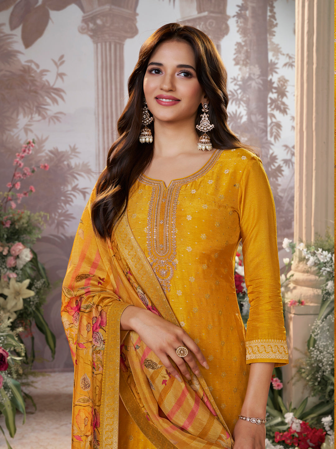 Yellow Dola Silk Kurta Set with Jacquard Detailing and Intricate Embroidery, Paired with a Cherry Silk Dupatta