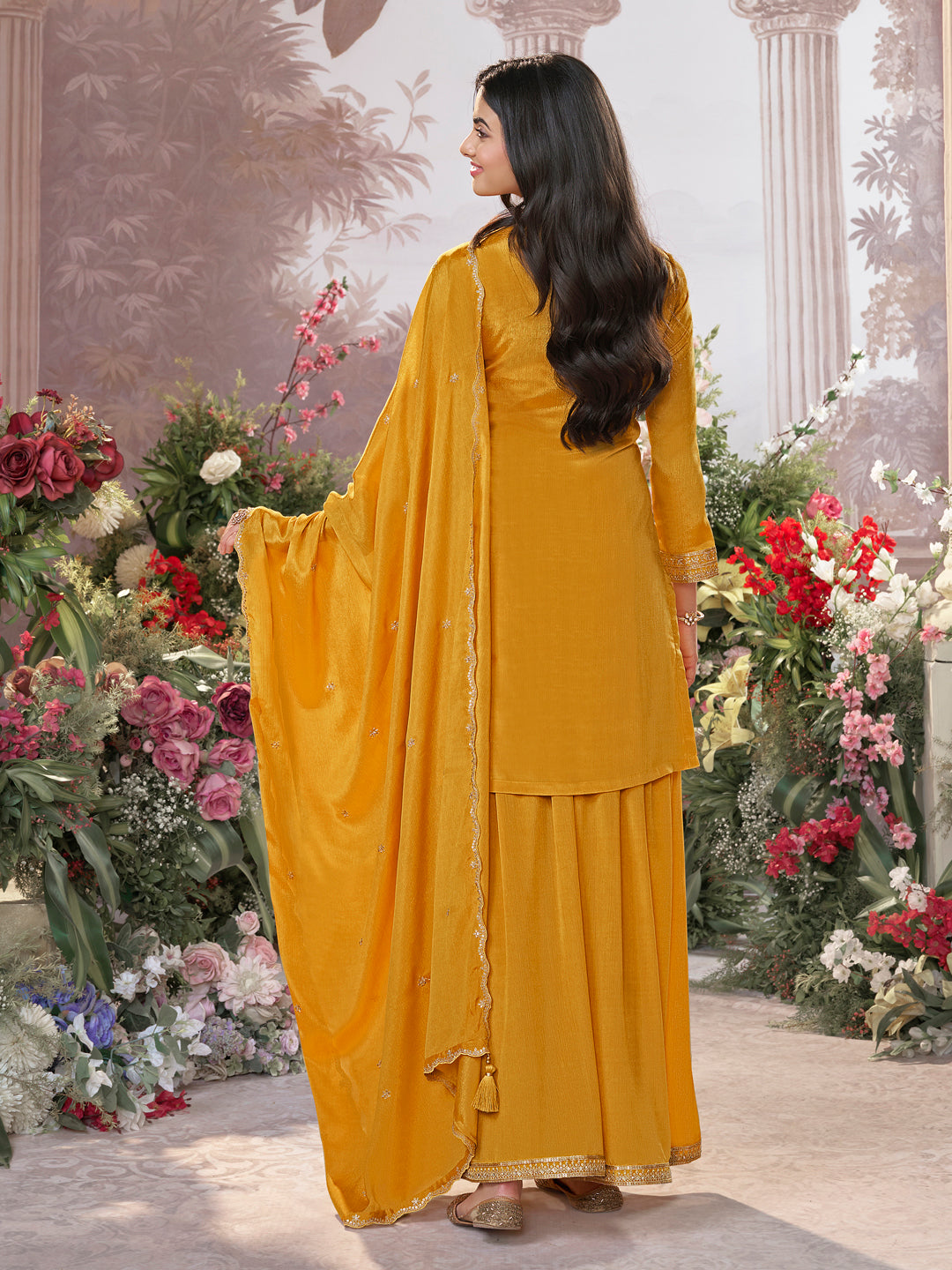 Mustard Chinon Kurta Set with Heavy Jacquard Work Paired with Chinon Dupatta with Embroidered Work.