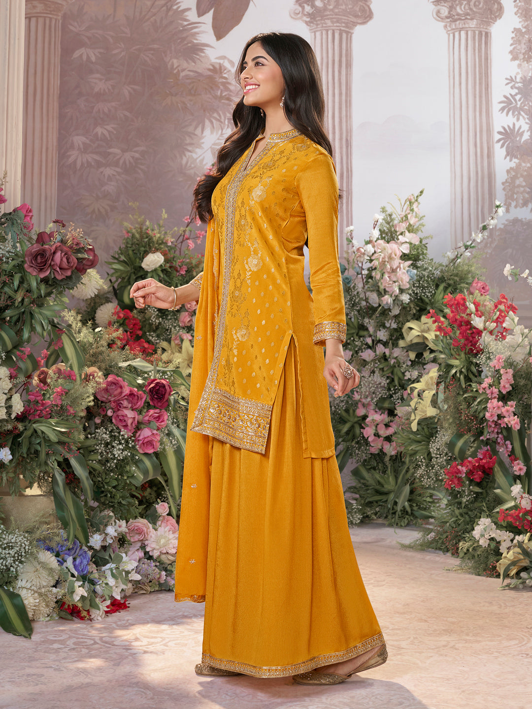 Mustard Chinon Kurta Set with Heavy Jacquard Work Paired with Chinon Dupatta with Embroidered Work.