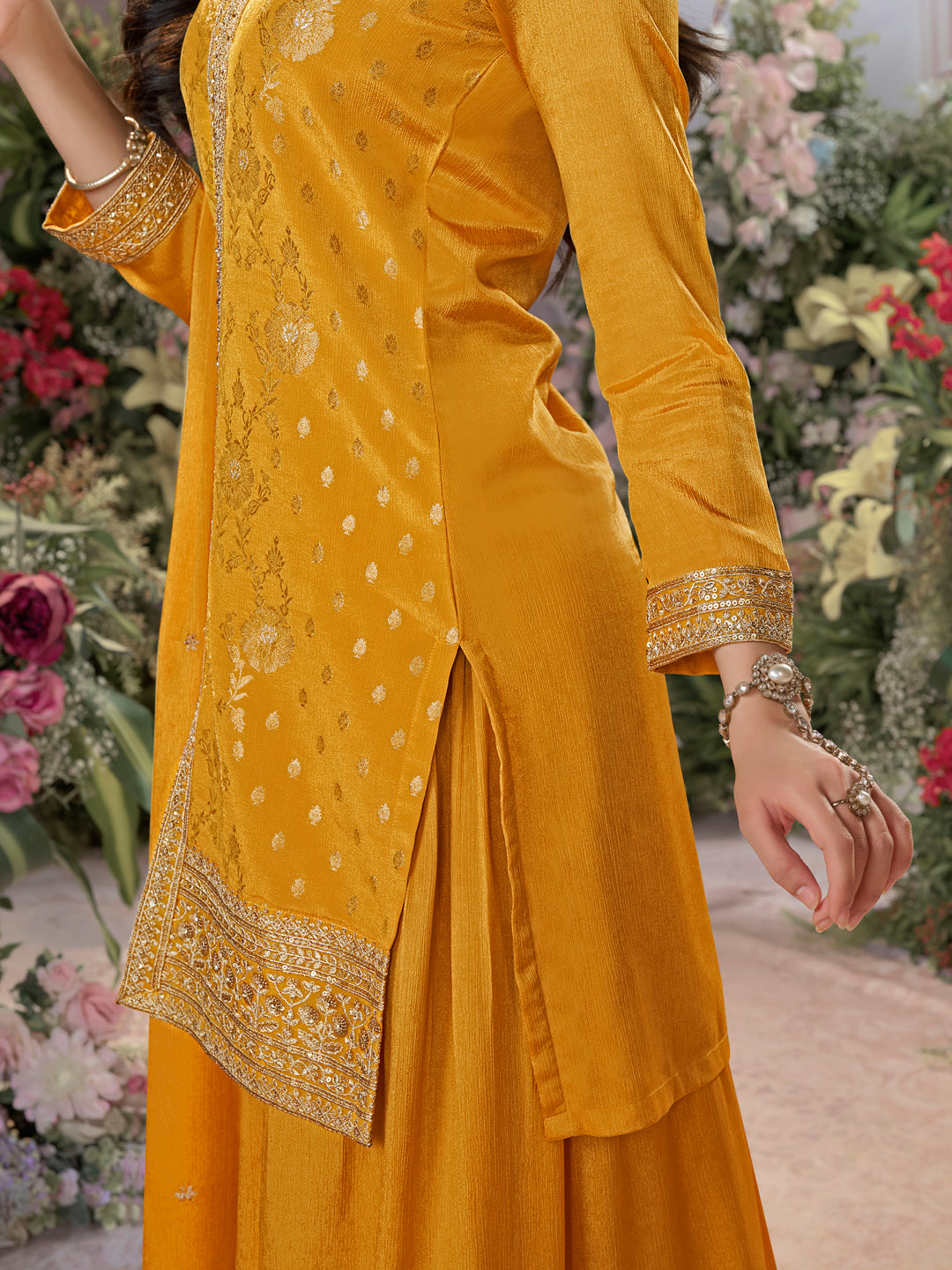 Mustard Chinon Kurta Set with Heavy Jacquard Work Paired with Chinon Dupatta with Embroidered Work.