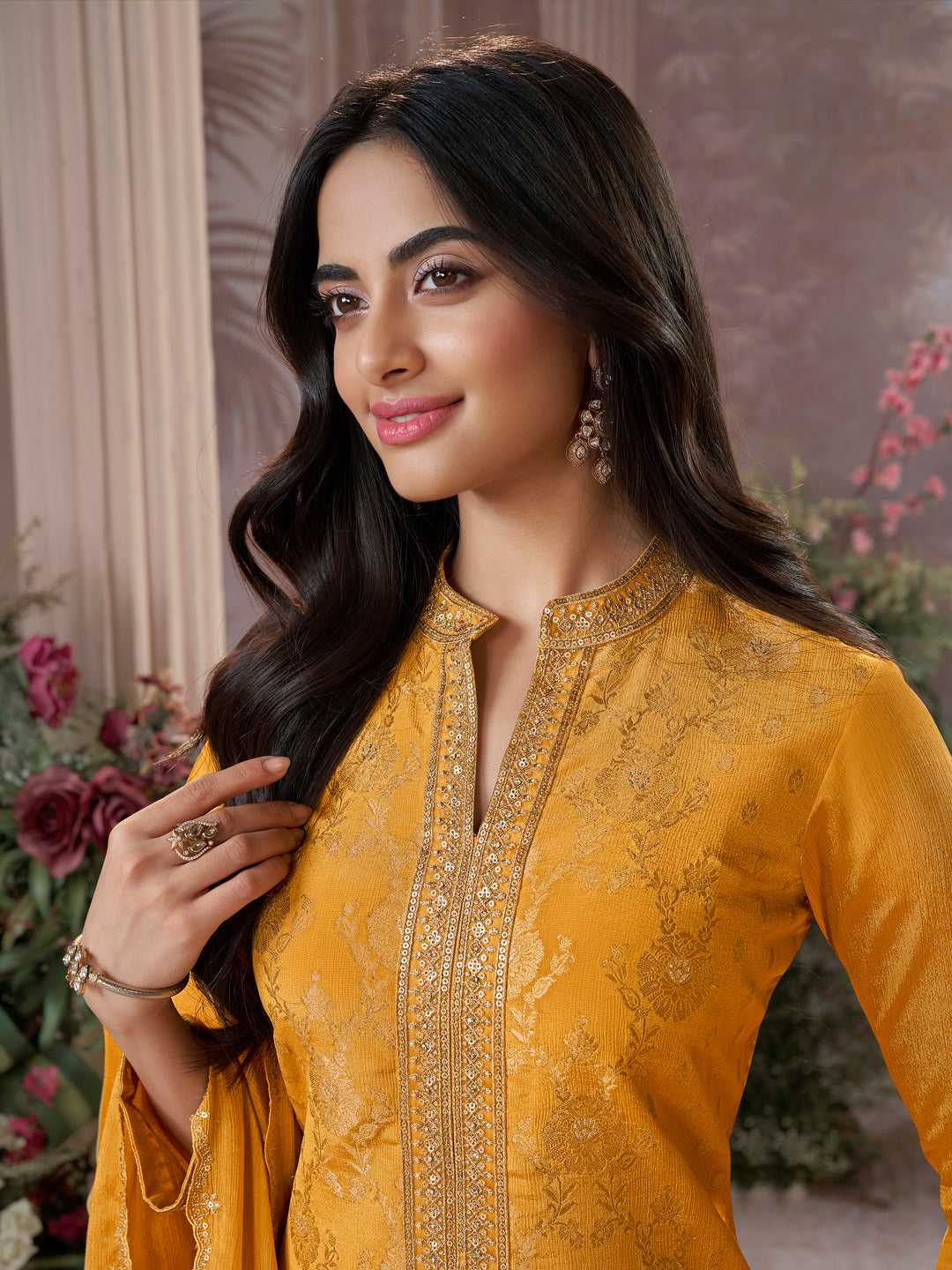 Mustard Chinon Kurta Set with Heavy Jacquard Work Paired with Chinon Dupatta with Embroidered Work.
