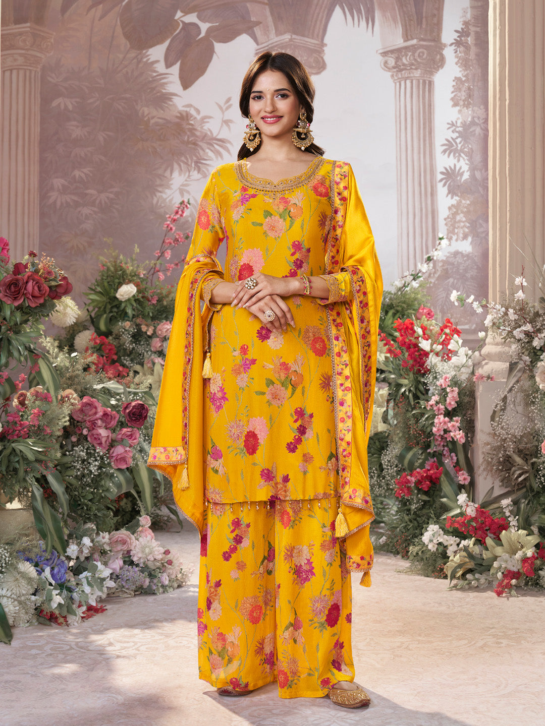 Yellow Chinon Sharara Suit Set with Floral Print and Embroidery Work