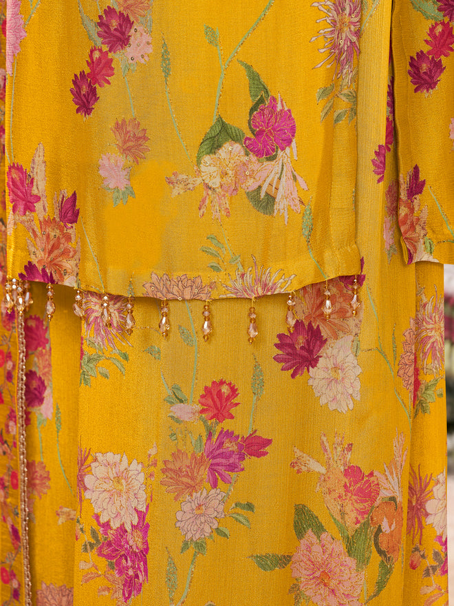 Yellow Chinon Sharara Suit Set with Floral Print and Embroidery Work
