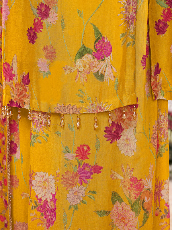 Yellow Chinon Sharara Suit Set with Floral Print and Embroidery Work