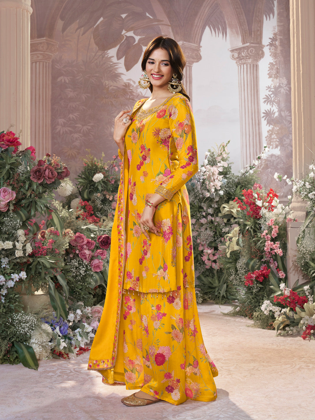 Yellow Chinon Sharara Suit Set with Floral Print and Embroidery Work