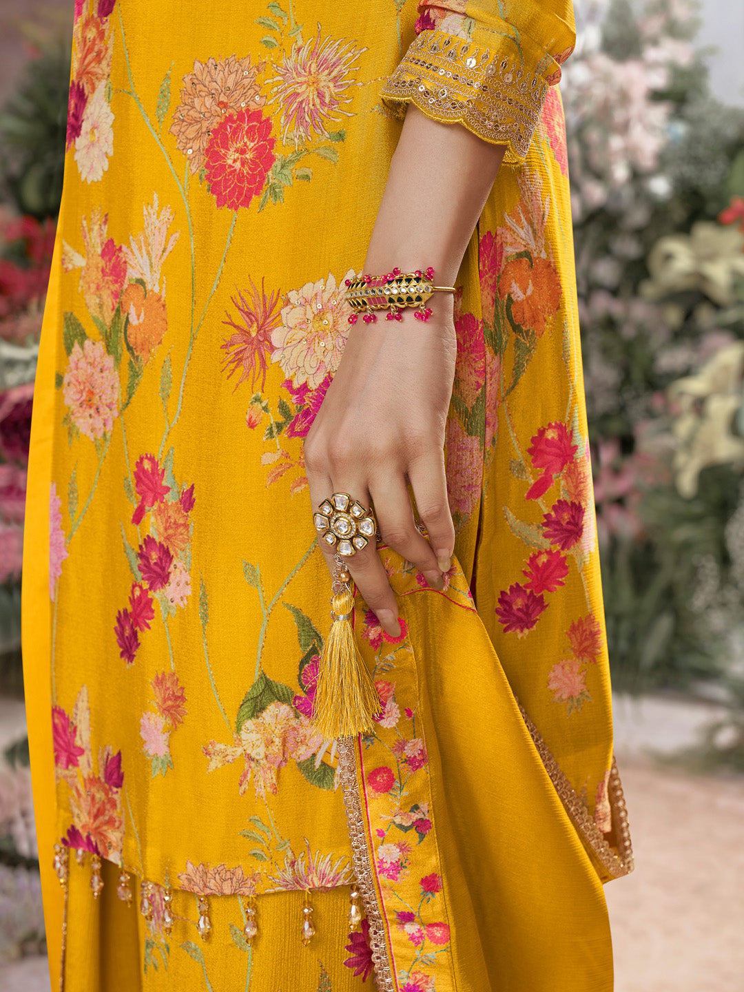 Yellow Chinon Sharara Suit Set with Floral Print and Embroidery Work