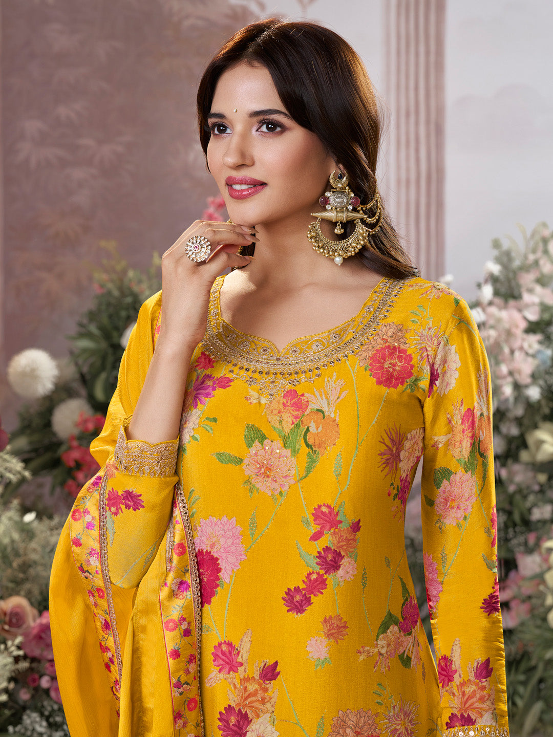 Yellow Chinon Sharara Suit Set with Floral Print and Embroidery Work