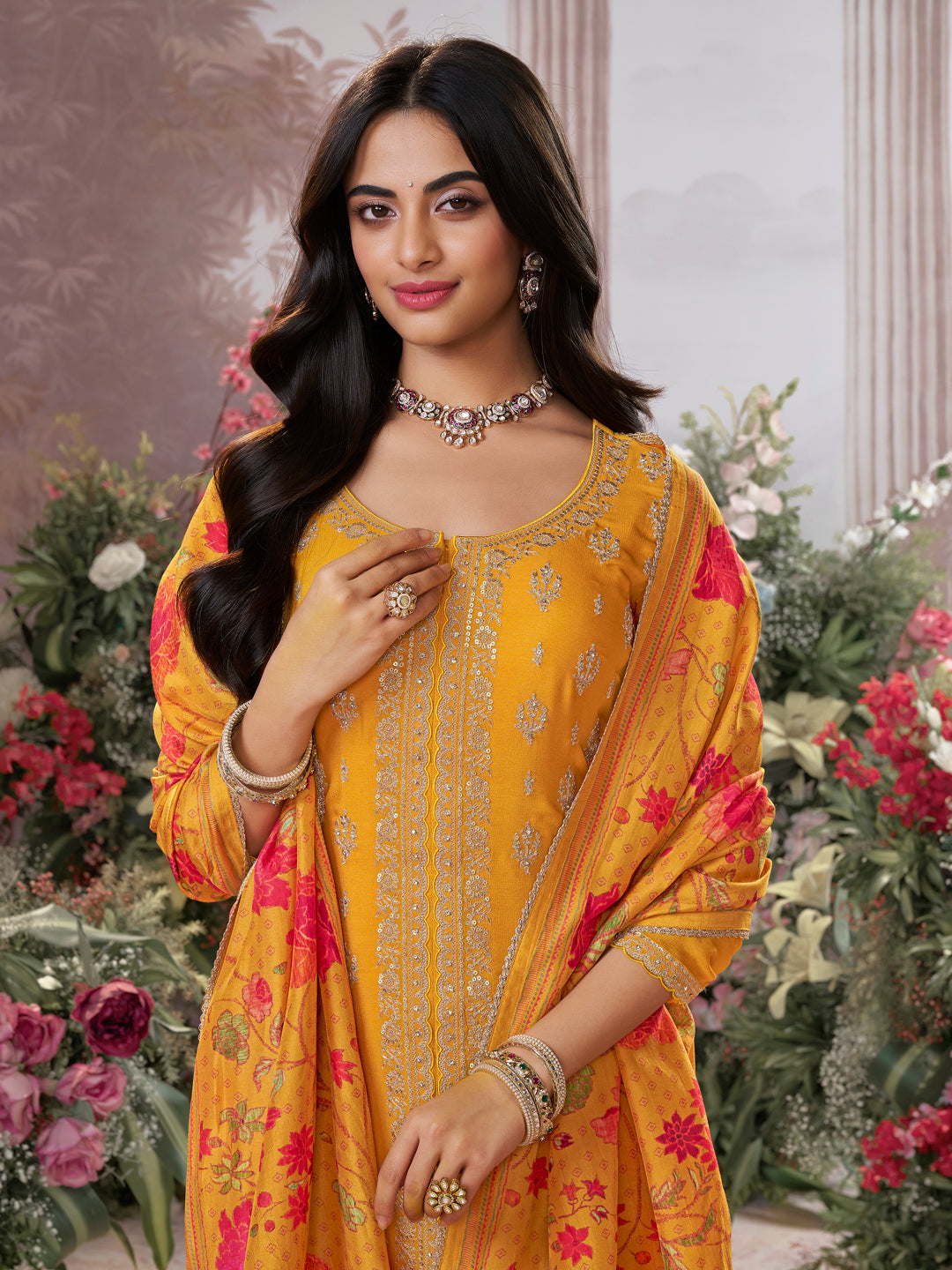 Yellow Chinon Kurta Set with Embroidered Work Paired with Digital Printed Dola Silk Dupatta