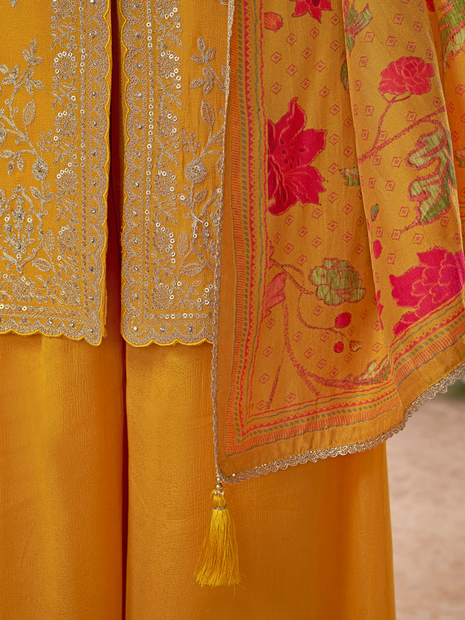 Yellow Chinon Sharara Set with Embroidered Work Paired with Digital Printed Dola Silk Dupatta