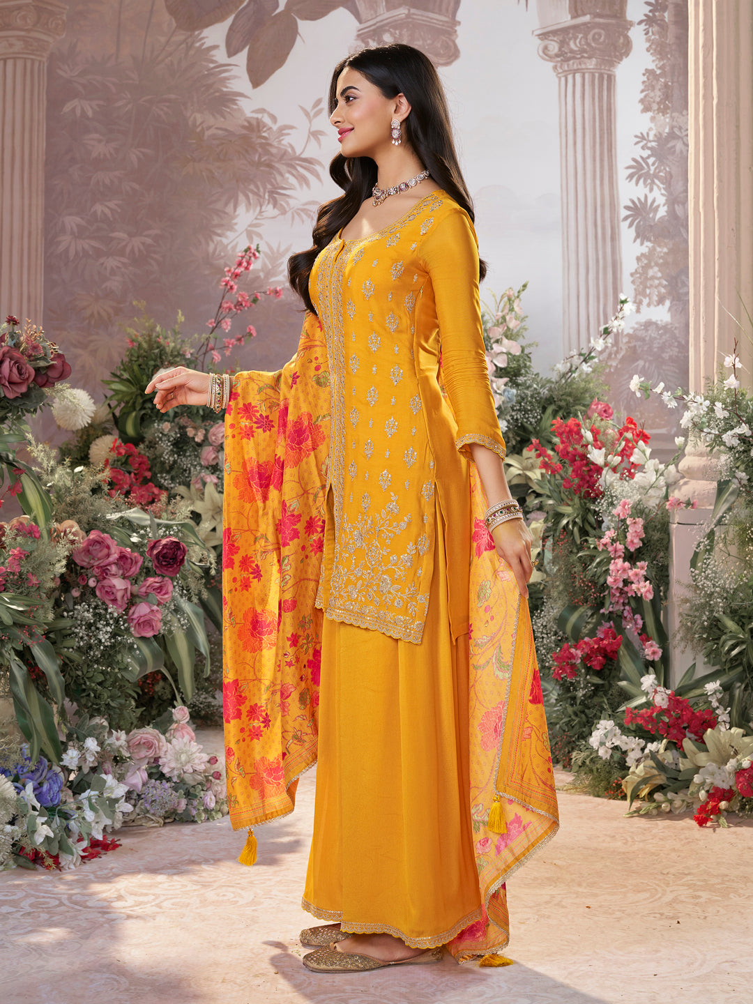 Yellow Chinon Sharara Set with Embroidered Work Paired with Digital Printed Dola Silk Dupatta