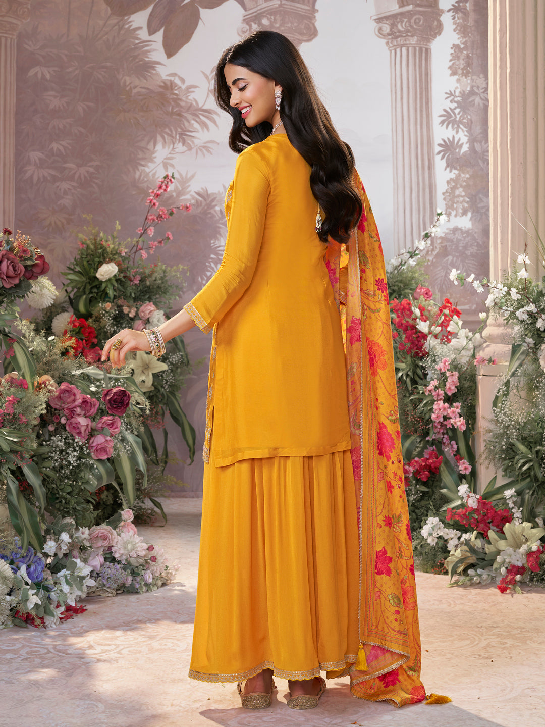 Yellow Chinon Kurta Set with Embroidered Work Paired with Digital Printed Dola Silk Dupatta