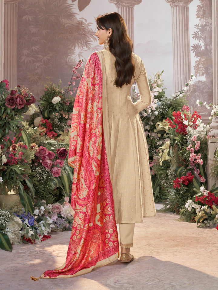 Off-White Jacquard With Embroidery Anarkali Top With Dyed Trouser And Printed Dupatta