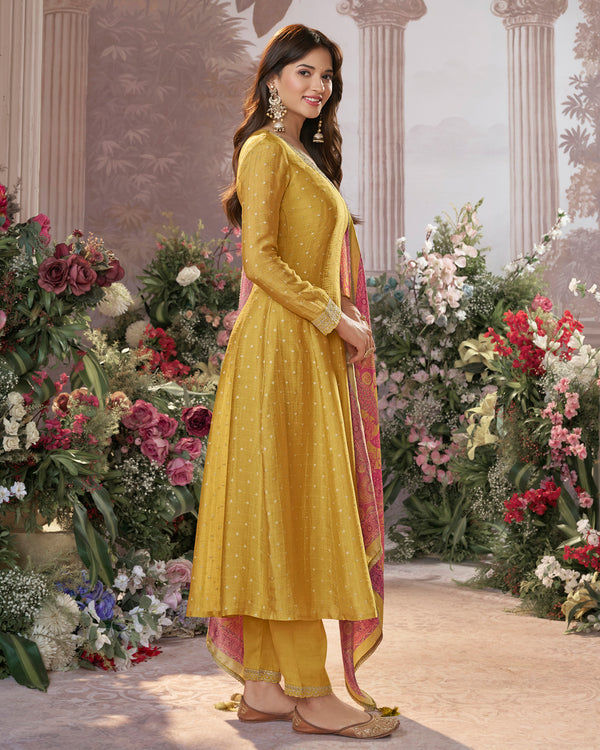 Mustard Tissue Silk Embroidered Anarkali Suit Set with Contrast Digital Print Russian Silk Dupatta
