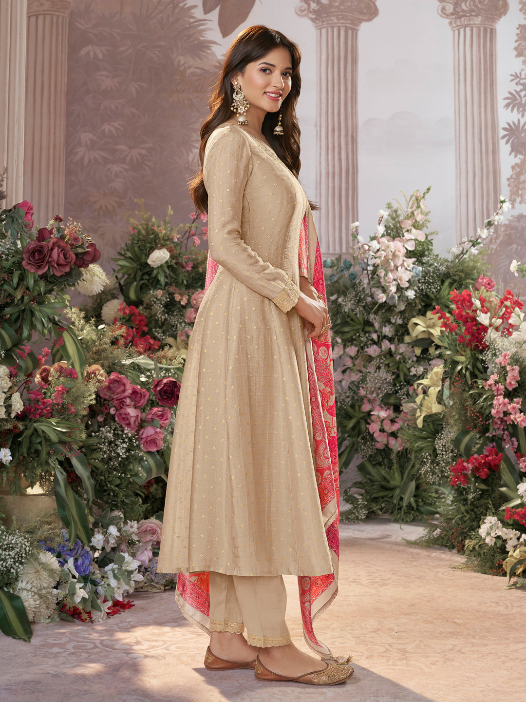 Off-White Jacquard With Embroidery Anarkali Top With Dyed Trouser And Printed Dupatta
