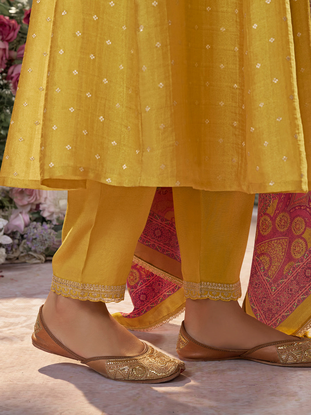 Mustard Tissue Silk Embroidered Anarkali Suit Set with Contrast Digital Print Russian Silk Dupatta
