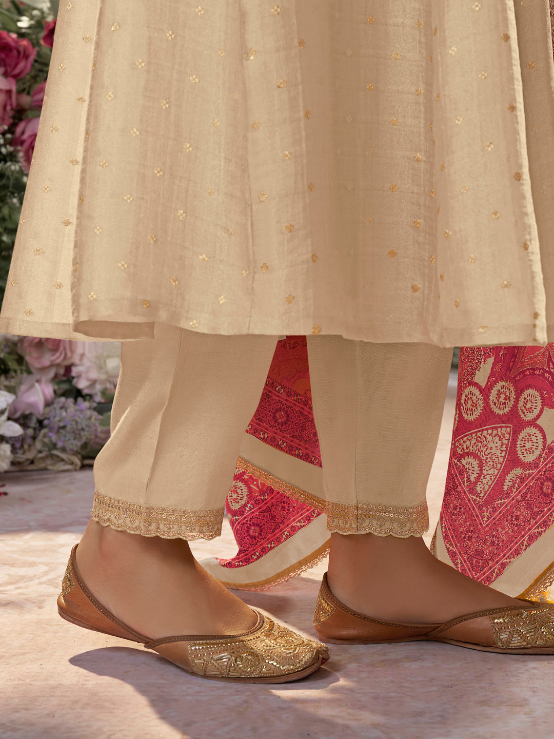 Off-White Jacquard With Embroidery Anarkali Top With Dyed Trouser And Printed Dupatta