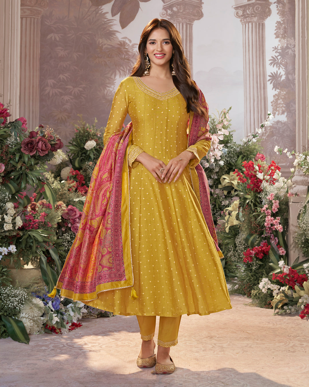 Mustard Tissue Silk Embroidered Anarkali Suit Set with Contrast Digital Print Russian Silk Dupatta