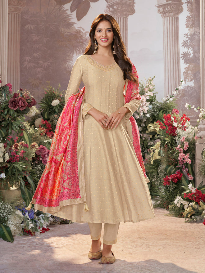 Off-White Jacquard With Embroidery Anarkali Top With Dyed Trouser And Printed Dupatta