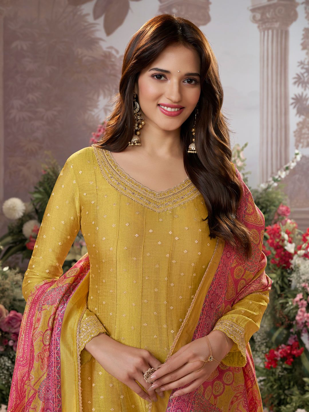 Mustard Tissue Silk Embroidered Anarkali Suit Set with Contrast Digital Print Russian Silk Dupatta