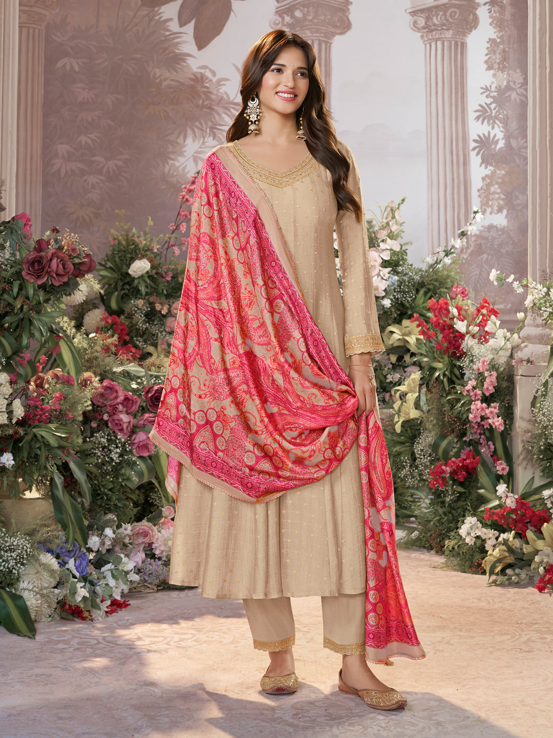 Off-White Jacquard With Embroidery Anarkali Top With Dyed Trouser And Printed Dupatta