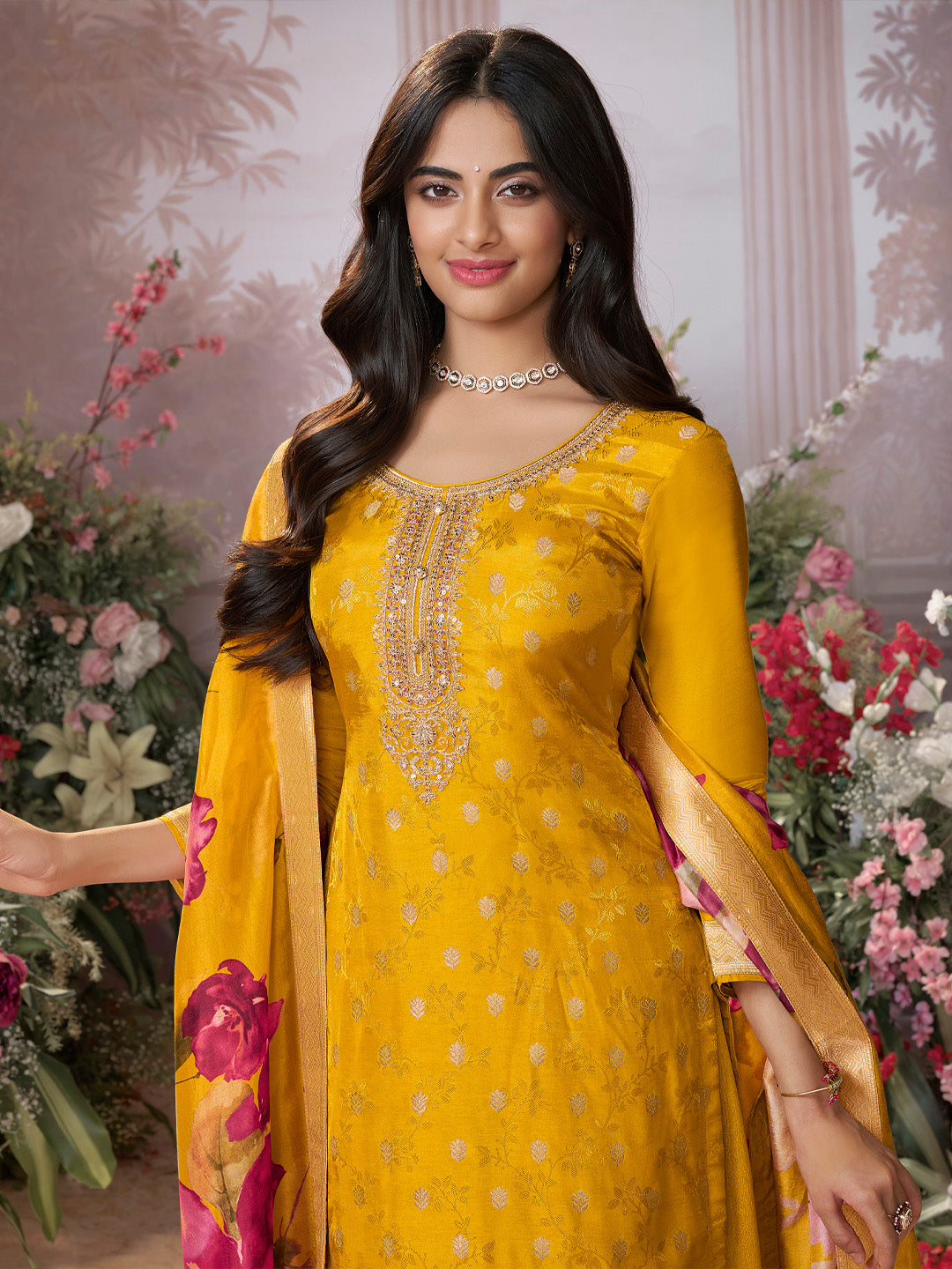 Mustard Dola Silk Jacquard & Embroidery Sharara Set with Digital Print Dola Silk Dupatta