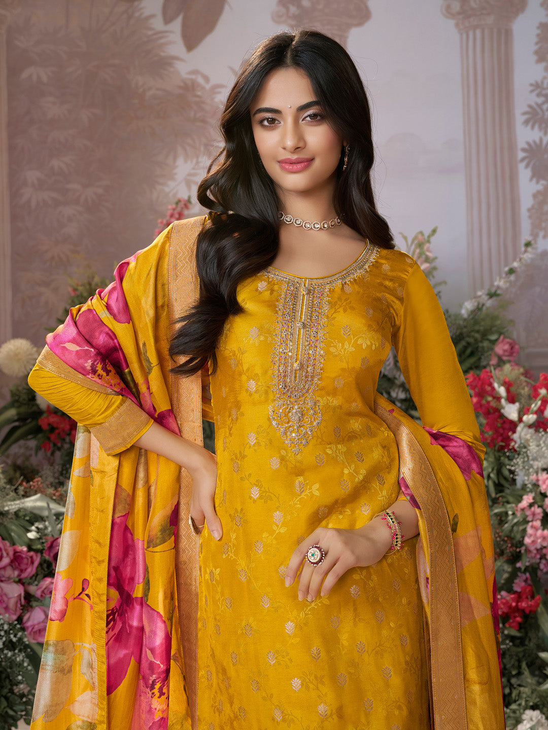Mustard Dola Silk Jacquard & Embroidery Sharara Set with Digital Print Dola Silk Dupatta
