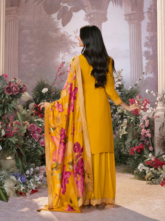 Mustard Dola Silk Jacquard & Embroidery Sharara Set with Digital Print Dola Silk Dupatta