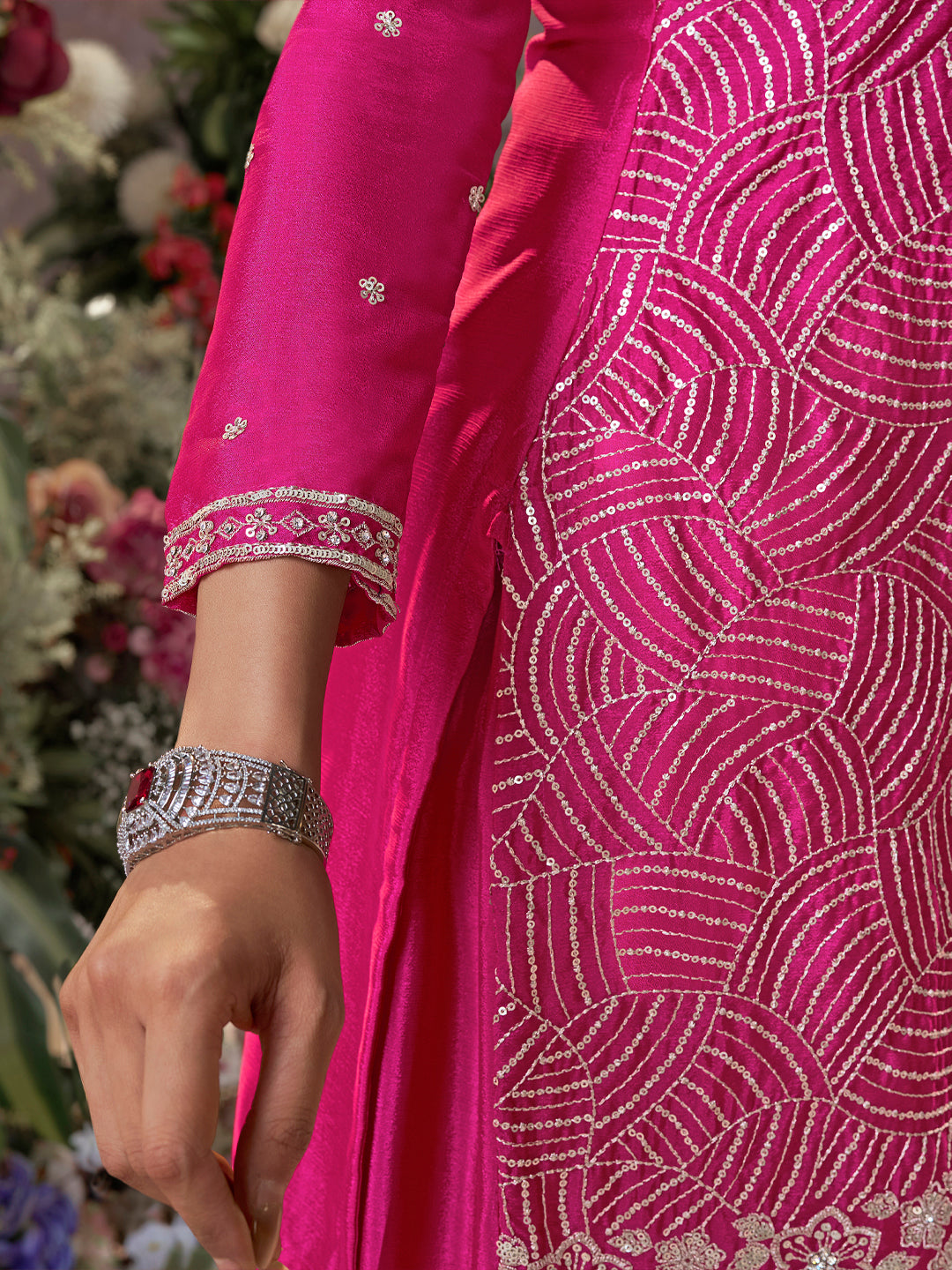 Pink Chinon Embroidered Sharara Suit with Butti Work and Sequins Scalloped Border Dupatta
