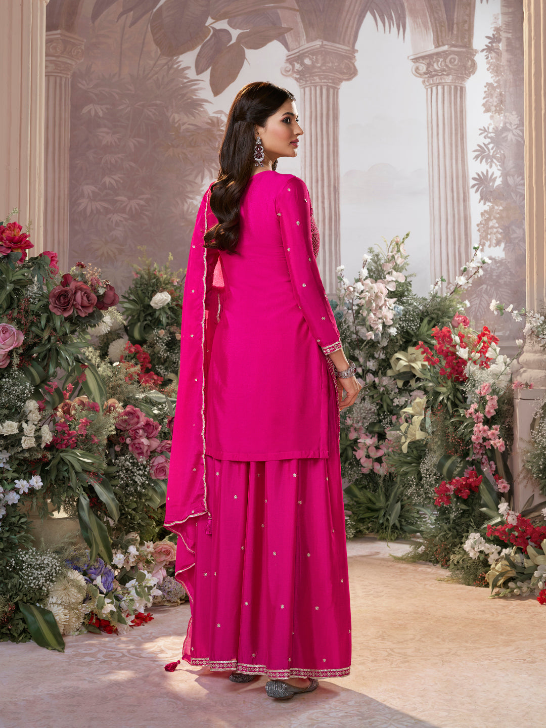 Pink Chinon Embroidered Sharara Suit with Butti Work and Sequins Scalloped Border Dupatta