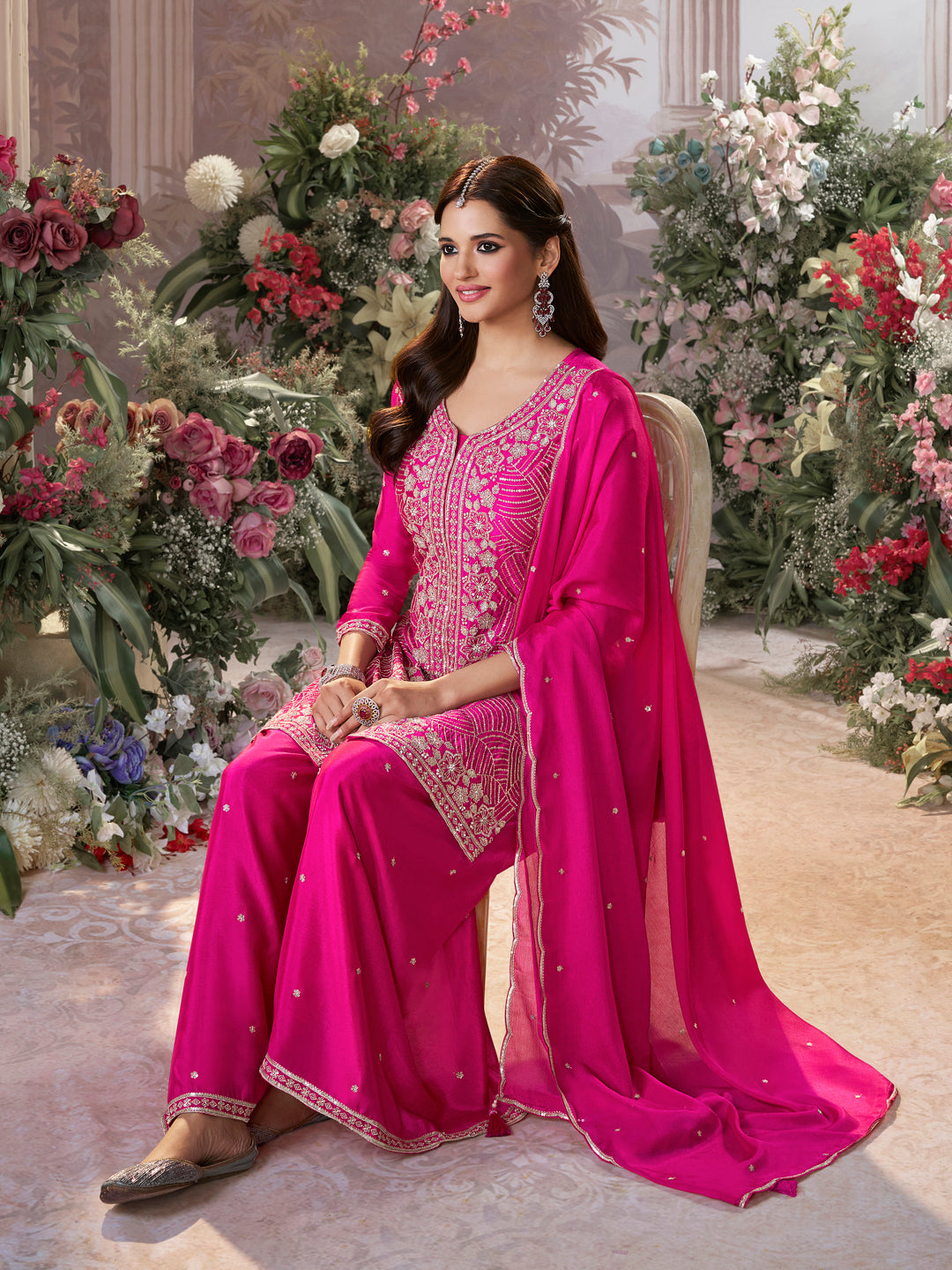 Pink Chinon Embroidered Sharara Suit with Butti Work and Sequins Scalloped Border Dupatta