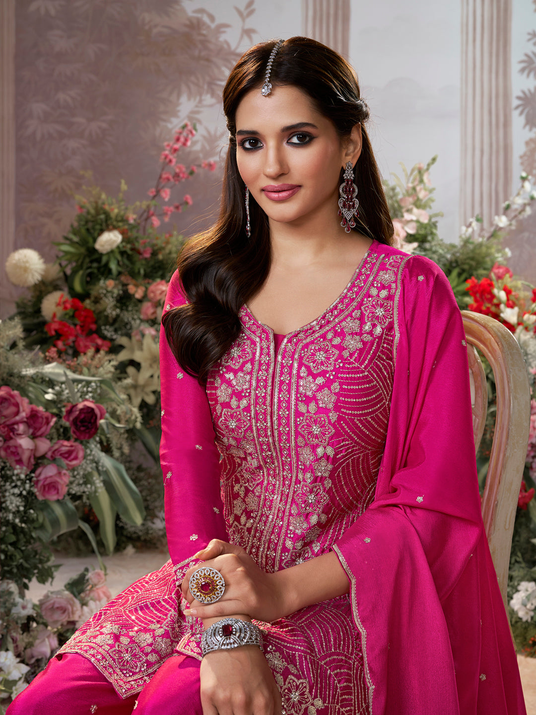 Pink Chinon Embroidered Sharara Suit with Butti Work and Sequins Scalloped Border Dupatta