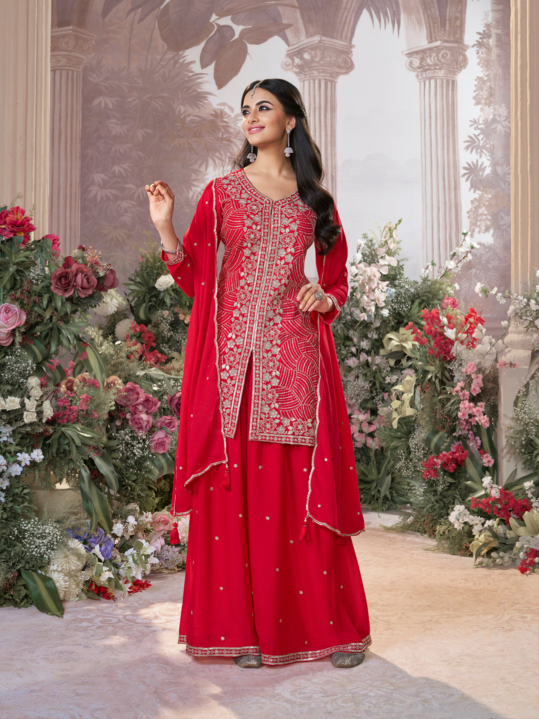 Red Chinon Embroidered Sharara Suit with Butti Work and Sequins Scalloped Border Dupatta
