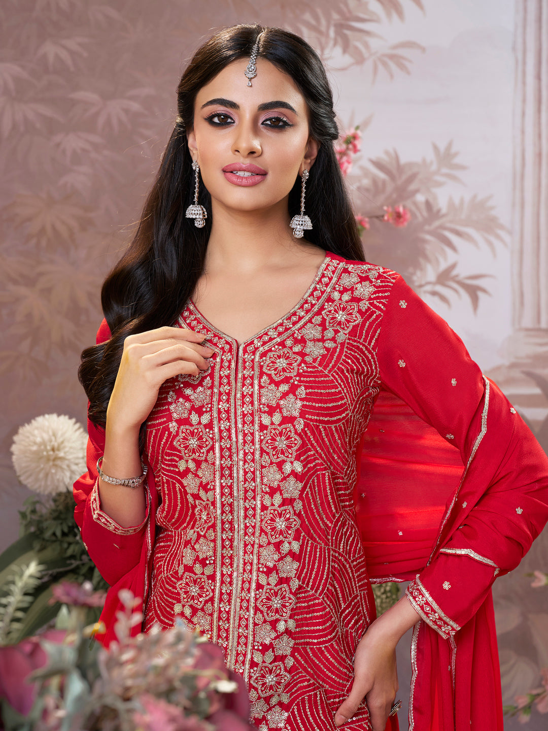 Red Chinon Embroidered Sharara Suit with Butti Work and Sequins Scalloped Border Dupatta