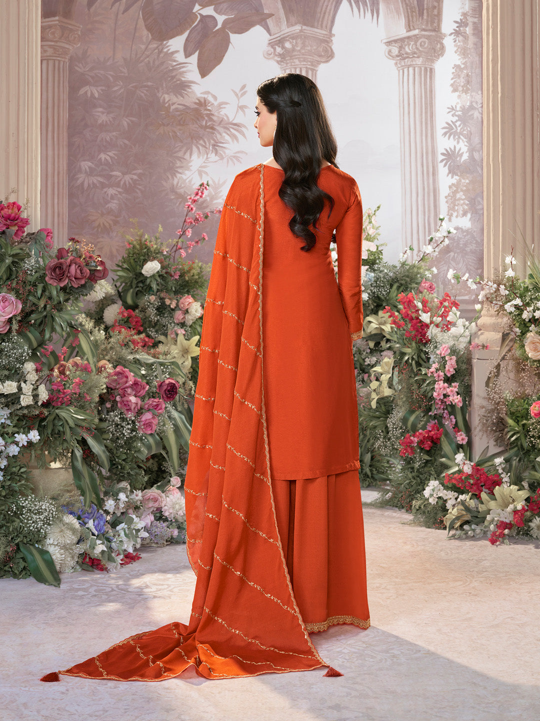 Orange Dola Silk Meena Jacquard Kurta Set Paired With Embroidered Sharara Suit Set