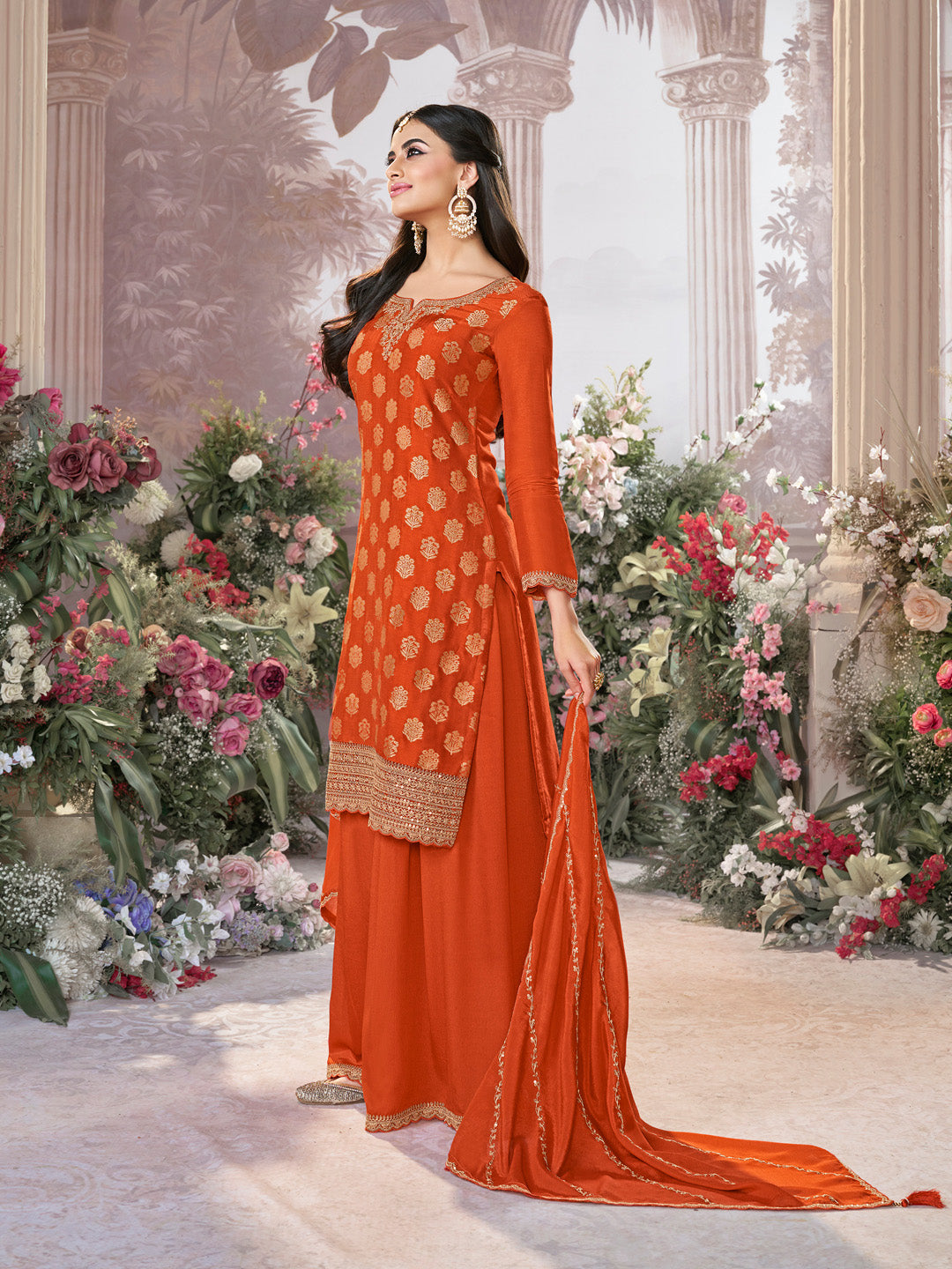 Orange Dola Silk Meena Jacquard Kurta Set Paired With Embroidered Sharara Suit Set
