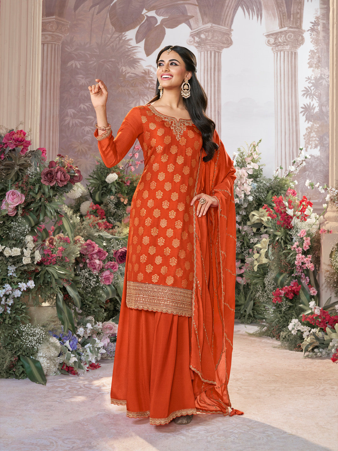 Orange Dola Silk Meena Jacquard Kurta Set Paired With Embroidered Sharara Suit Set