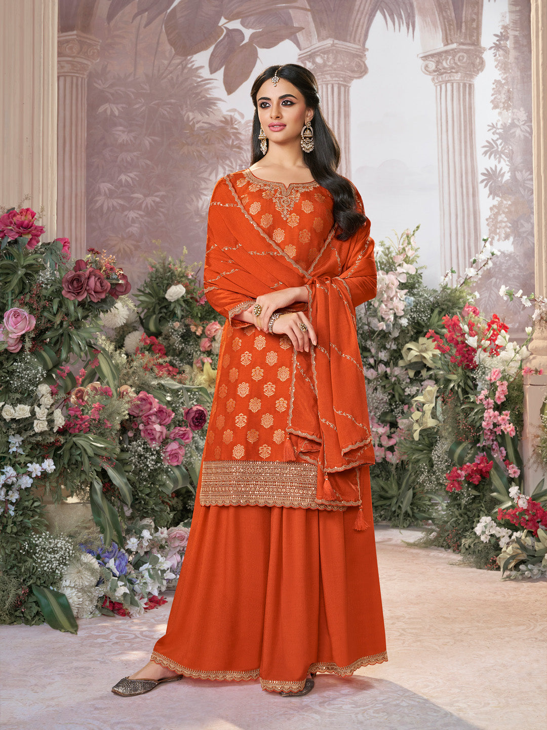 Orange Dola Silk Meena Jacquard Kurta Set Paired With Embroidered Sharara Suit Set