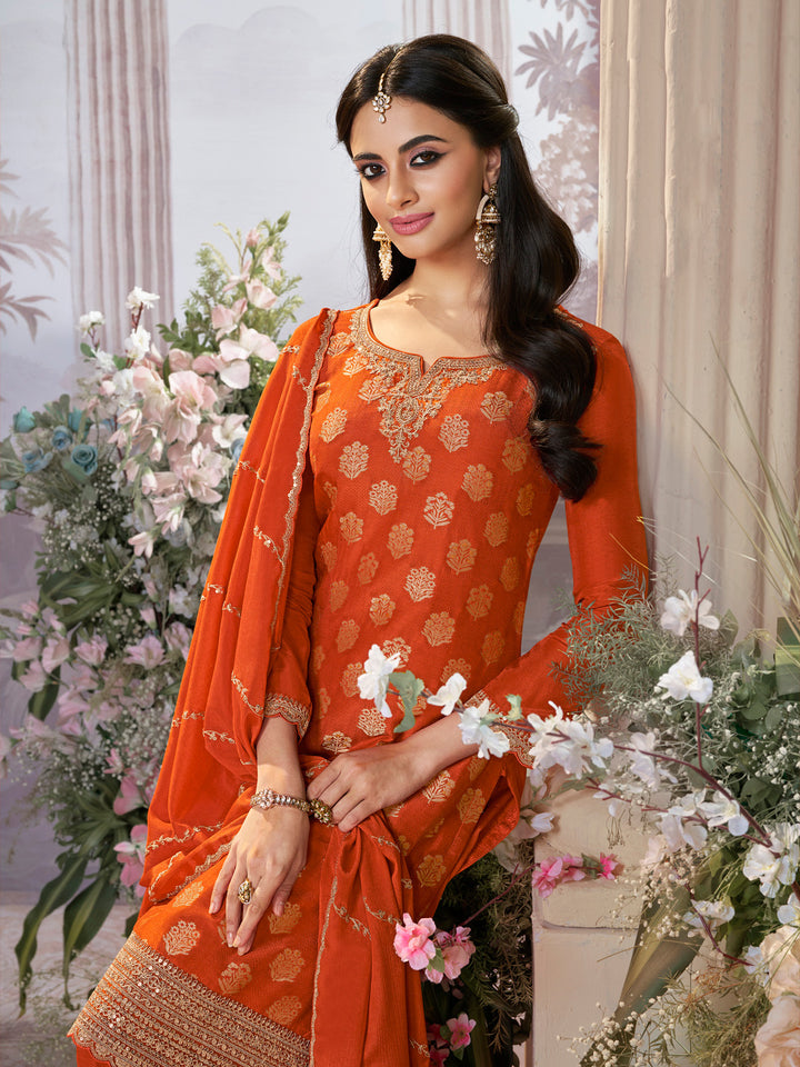Orange Dola Silk Meena Jacquard Kurta Set Paired With Embroidered Sharara Suit Set