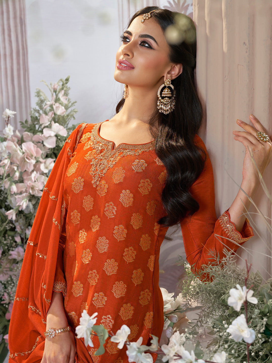 Orange Dola Silk Meena Jacquard Kurta Set Paired With Embroidered Sharara Suit Set