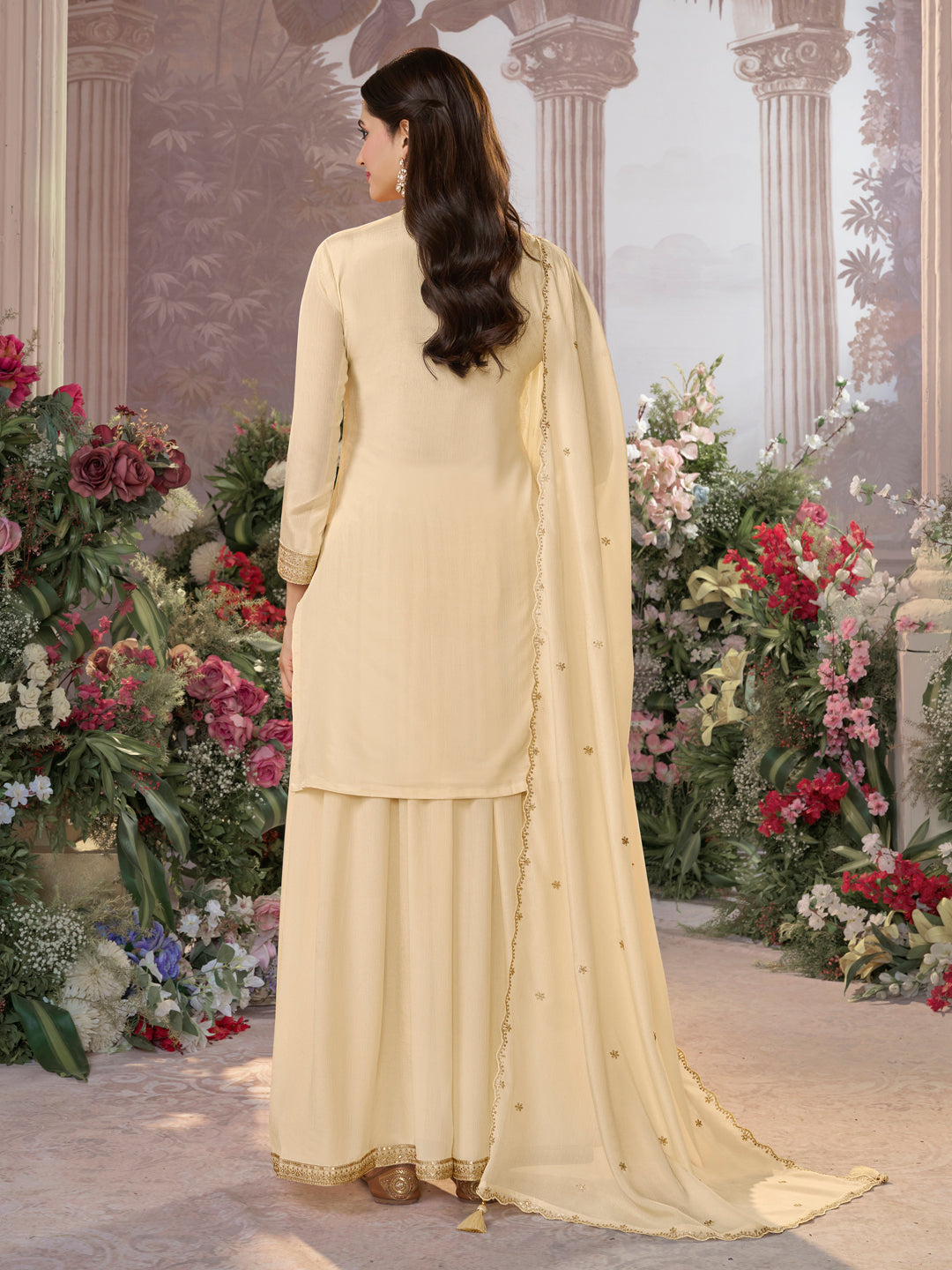 Off White Chinon Kurta Set with Heavy Jacquard Work Paired with Chinon Dupatta with Embroidered Work.