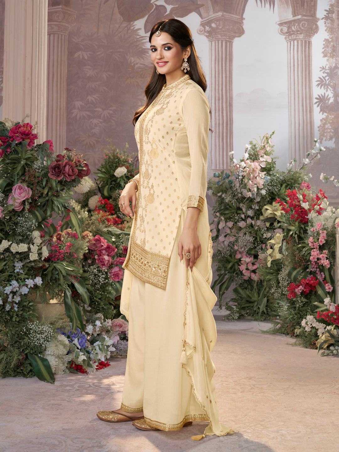 Off White Chinon Kurta Set with Heavy Jacquard Work Paired with Chinon Dupatta with Embroidered Work.