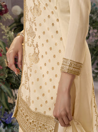 Off White Chinon Kurta Set with Heavy Jacquard Work Paired with Chinon Dupatta with Embroidered Work