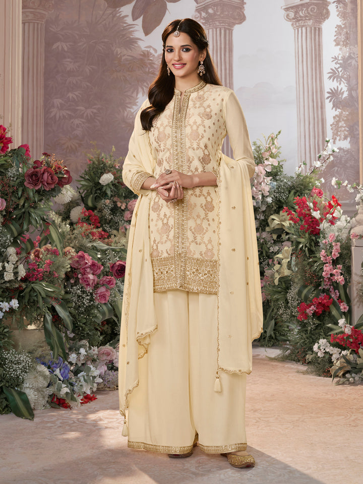 Off White Chinon Kurta Set with Heavy Jacquard Work Paired with Chinon Dupatta with Embroidered Work.